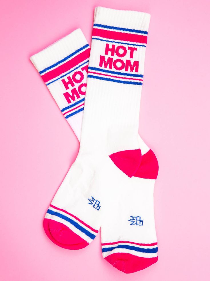 HOT MOM Statement Crew Socks | Bold Retro-Inspired White Socks with Red, Blue & Pink Stripes | Fun Novelty Socks for Women | Cotton Blend, Comfortable Fit | Pack of 1 Pair