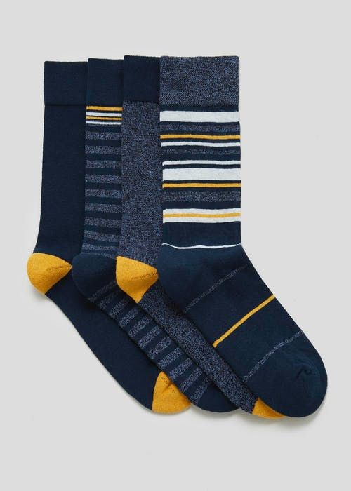 Men’s Premium Crew Socks | Pack of 4 Pairs | Navy Blue with Mustard Toes & Assorted Stripe Patterns | Soft Cotton Blend for Formal & Casual Wear