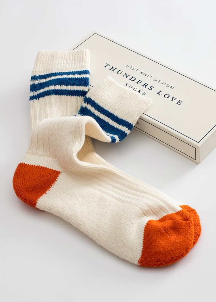 Shoesandsox Unisex Premium Cotton Crew Socks – Soft Breathable Knit with Orange Toe & Blue Stripes | Thunders Love Inspired