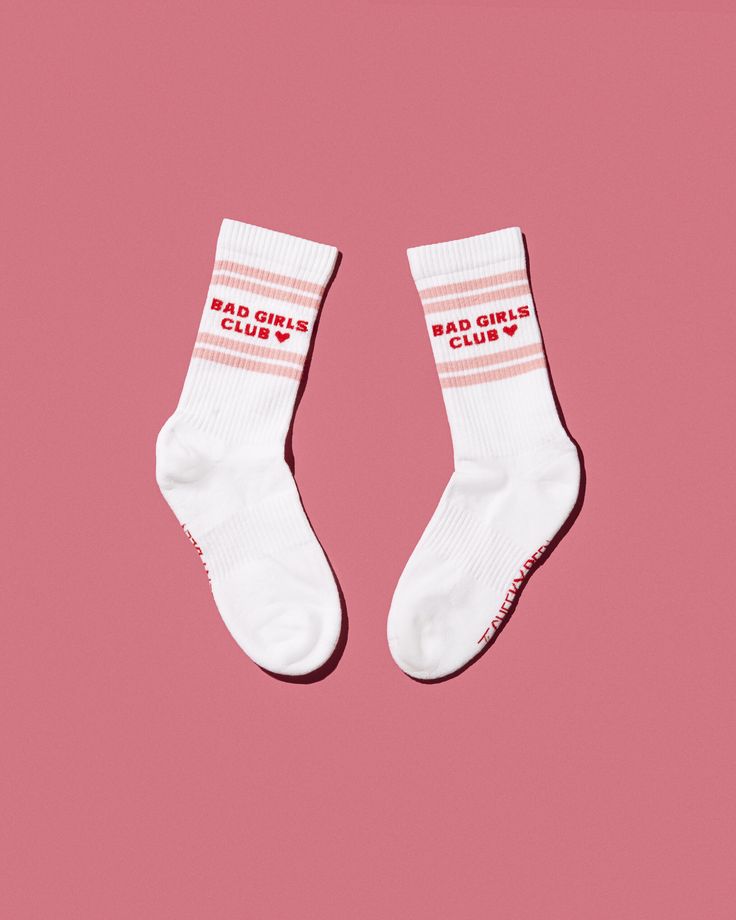 BAD GIRLS CLUB Graphic Crew Socks | Edgy White Socks with Red Stripes & Bold Lettering | Trendy Statement Socks for Women | Soft Cotton Blend | Pack of 1 Pair
