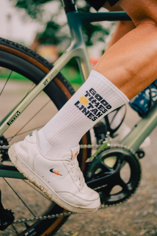 GOOD TIMES & TAN LINES White Cycling Crew Socks | Motivational Quote Sports Socks for Men & Women | Breathable, Stretch Fit, and Sweat-Wicking | Perfect for Riding, Gym & Summer Style | Pack of 1 Pair