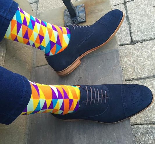 Multicolor Geometric Triangle Crew Socks for Men | Vibrant Dress Socks with Bold Abstract Pattern | Fun Formal & Casual Wear | Soft Cotton Blend | Pack of 1 Pair