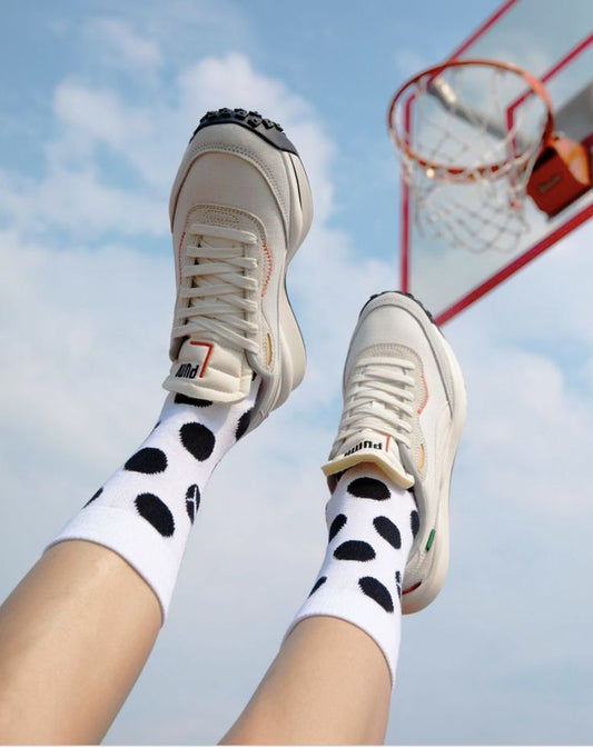 Polka Dot White Crew Socks | Classic Black Dot Design | Unisex Casual Sports Socks | Soft Breathable Cotton Blend | Stylish & Comfortable for Everyday Wear | Pack of 1 Pair