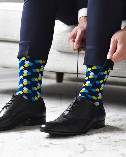 Men’s Blue Crew Socks with Yellow & White Geometric Dot Pattern | Stylish Dress Socks for Formal & Casual Wear | Soft Cotton Blend | Eye-Catching Patterned Socks | Pack of 1 Pair