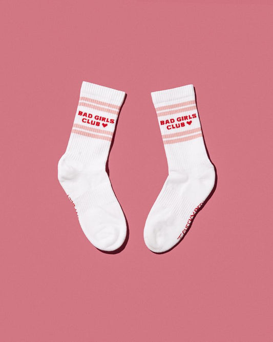 BAD GIRLS CLUB Graphic Crew Socks | Edgy White Socks with Red Stripes & Bold Lettering | Trendy Statement Socks for Women | Soft Cotton Blend | Pack of 1 Pair