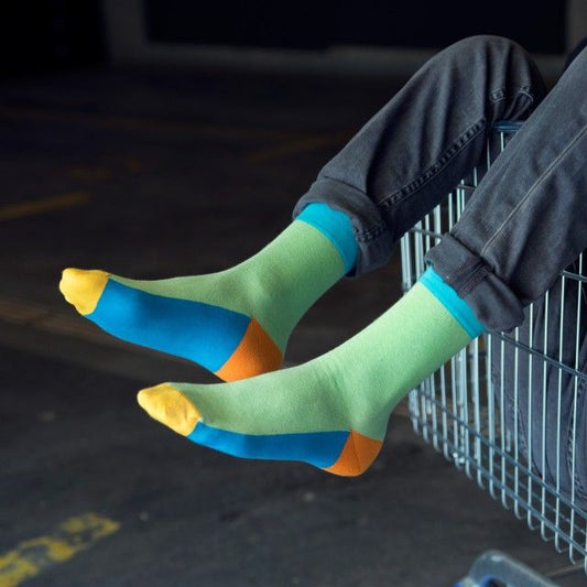 Colorblock Crew Socks for Men & Women | Stylish Multicolor Socks with Yellow, Green, Teal & Orange Accents | Bold Casual & Streetwear Style | Soft Cotton Blend | Pack of 1 Pair