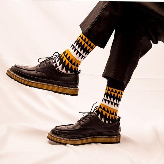 Geometric Triangle Pattern Crew Socks | Black, White & Yellow Stylish Dress Socks for Men | Bold Graphic Socks for Formal, Casual & Office Wear | Soft Cotton Blend | Pack of 1 Pair
