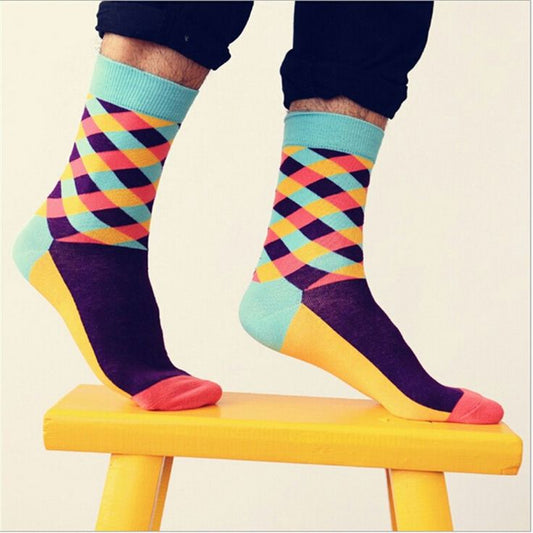 Vibrant Argyle Pattern Crew Socks for Men & Women | Multicolor Diamond Design with Aqua, Purple, Yellow & Red | Fun Statement Socks for Casual & Party Wear | Soft Cotton Blend | 1 Pair
